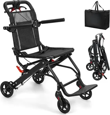 Productafbeelding van Ultradraagbare transportrolstoel voor volwassenen, 5,9 kg, inklapbare reiskruk voor senioren, draagbare transferrolstoel met draagtas, geschikt tot 130 kg, zitbreedte 40,1 cm