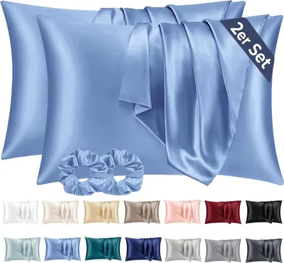Produktbild von Satin Kissenbezug 2er-Set Blau 40x70cm mit Haargummis