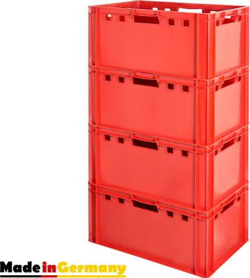 Turm aus 5x Euro-Plastikkiste E3, rot, mit Griff auf jeder Seite, made in EU