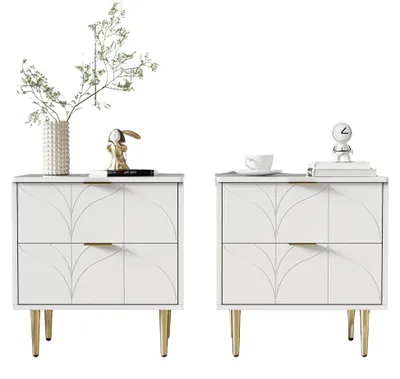 Image de Table de chevet - Meuble de rangement pour lit - Table de nuit - Petite commode de chambre - Commode - Blanc brillant - Lot de 2