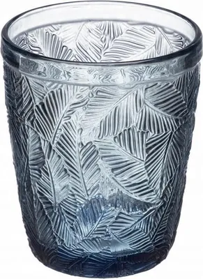 Obrázek produktu pro Nízká sklenice LEAVES 300 ml - modrá, tropický vzor, silné sklo