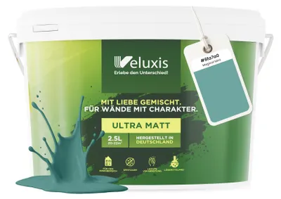 Produktbild von Wandfarbe Grün Türkis Petrol Matt Innenfarbe – Deckkraft Klasse 1, VOC-frei, Ohne Grundierung, Tropfarm – Wohnzimmer & Schlafzimmer – 2,5L – Veluxis (Magical Mint)