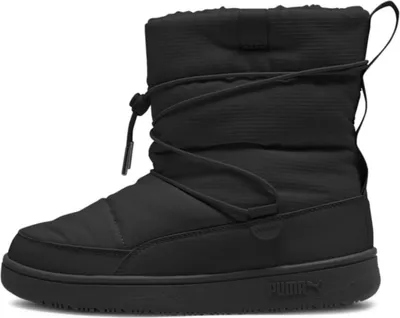 A black Puma snow boot is shown against a white background.
