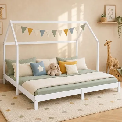 Produktbild von Homestyle4u Familienbett Kinderbett 90x200 180x200 mit Lattenrost ausziehbar Kinderbett Hausbett Weiß Holz Kiefer