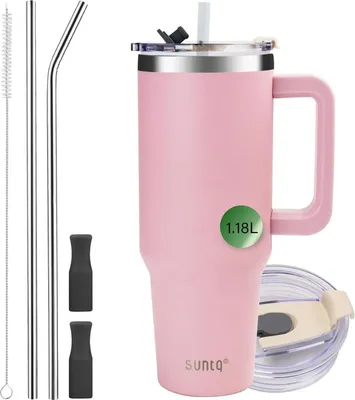 Image de SUNTQ 40oz Tumbler avec poignée, Bouteille d'eau isolée à double paroi sous vide avec paille et couvercle, Tasse à café de voyage en acier inoxydable
