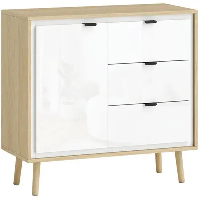 Zdjęcie produktu dla Komoda bufetowa – szafka do przechowywania do salonu/kuchni – 2 drzwi, 3 szuflady – regulowana półka – drewno – 80x35x77 cm – kolor khaki