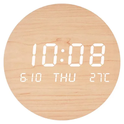 Digitale Holz-Wanduhr, rund, Temperatur, Datum, Wochentag, 12/24h