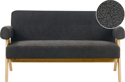 Produktbild von BELIANI 2-Sitzer Sofa Schwarz Bouclé-Stoff Gepolstert mit Armlehnen Teddy-Optik Helle Holzbeine Freistehend Retro-Design Wohnzimmersofa Polstersofa