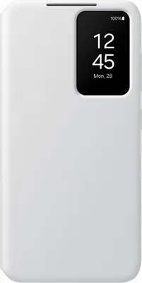 A white Samsung S View cover for a Galaxy S24 phone is shown against a white background. The cover has a transparent window displaying the time and date.