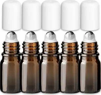 Produktbild von 5x Braune Glasflasche 5 ml Roll On mit weißer Kappe Probefläschchen
