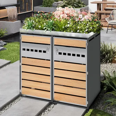 Produktbild von Flieks Mülltonnenschrank Mülltonnenbox 1er, Mülltonnenverkleidung mit Pflanzfläche, Müllbox Abschließbar für 2 Tonnen 120–240L, Grau