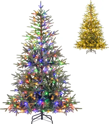 Image de COSTWAY Sapin de Noël artificiel 180cm avec éclairage, 250 lumières LED multicolores, 11 modes&530 branches PE Sapin de Noël pour la maison Vert