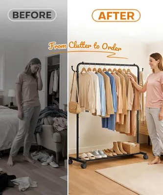 Image de Porte-vêtements sur roulettes, 118 cm, en métal, avec étagère, pour chambre