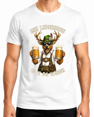 Obrázok produktu pre Mei Lederhosn – pánske tričko s motívom tradičného nemeckého oblečenia "Hirsch Trachtenshirt Lederhose Alpen", biela farba, veľkosť XXL