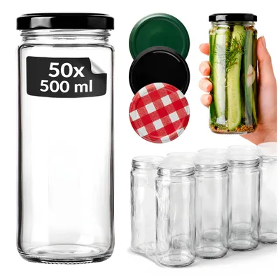 Produktbild von SuperButelki.pl - 50x Gläser 500 ml mit Schraubverschlüssen Ø 63 mm, Set mit 0,5 l Gläsern für Konserven, Marmeladen Komplettset 0,5l Glas, KI-generiertes Bild
