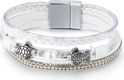 Produktbild von Ethno-Armband für Damen mit Perlen und Schildkrötenmotiven, weiß, 19 cm