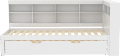 Produktbild von Flieks Einzelbett Holzbett 90x200cm mit Ausziehbett, Jugendbett Kinderbett mit Regal, Schlafsofa Sofabett Tagesbett mit Lattenrost, Weiß