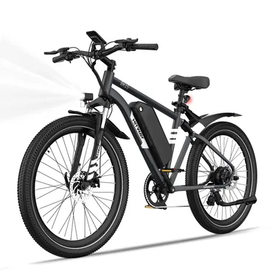 A black and gray electric mountain bike is shown against a white background.