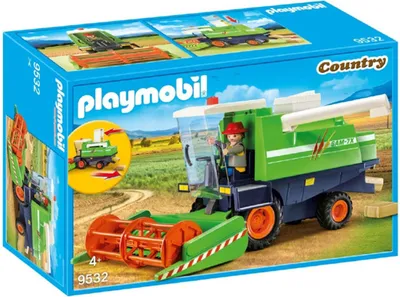 The image shows the packaging of a Playmobil combine harvester toy.