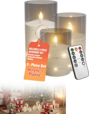 Produktbild von XMTECH LED Kerzen 3er Set – Flammenlose Säulenkerzen Ø7,5 x 10/12,5/15 cm mit Fernbedienung, Timer & Lichterdraht – Batteriebetrieben, Flackernd, für Innen & Außen – Transparent
