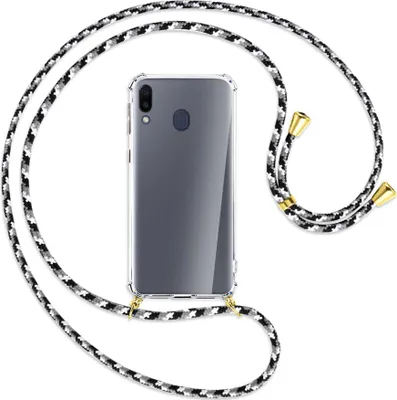 Produktbild von Handykette Backcover-Schutzhülle mit Band (Metall goldfarben) für Samsung Galaxy M20 - schwarz/grau/weiß