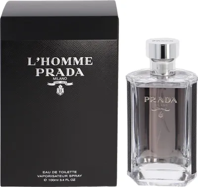 A black box of Prada L'Homme Eau de Toilette for men is shown next to the perfume bottle.