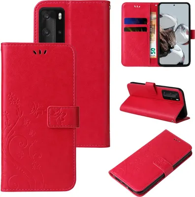 Produktbild von Handyhülle für Huawei P40 Pro Floral Blumen Schmetterling Flip Cover Hülle Case Klapphülle Handytasche Farbe: Rot