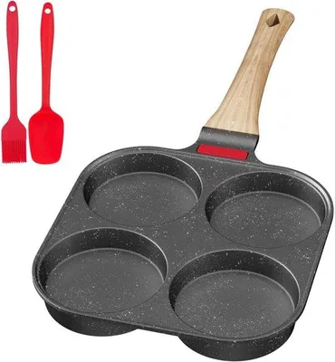 Produktbild von Aluminium Eierpan mit vier Löchern und Antihaftbeschichtung - für Frühstück, Eier und Hamburger - für Induktions- und Gas-Herd - schwarz