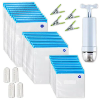 Produktbild von 35 STueCKE Vakuum-Aufbewahrungsbeutel fuer Lebensmittel, wiederverwendbare Vakuumierbeutel, 3 Groessen, mit 1 Handpumpe, 4 Kochklammern, 4 Verschlussklammern, Sous-Vide-Beutel fuer Gemuese, Fleisch