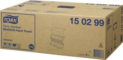 A cardboard box containing Tork Xpress Multifold Hand Towels.