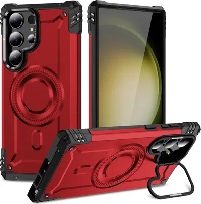 Produktbild von Magnetisch Hülle für Samsung Galaxy S23 Ultra, Heavy Duty Militärischer Stoßfest Handyhülle Kamera-Ringständer Rot