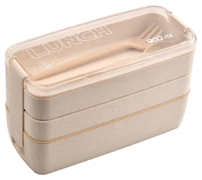 Produktbild von Bento-Box 900 ml mit 3 Fächern, Lunchbox für Erwachsene und Kinder, inklusive Besteck, auslaufsicher, BPA-frei, mikrowellengeeignet, spülmaschinenfest, beige