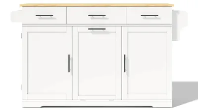 Obrázok produktu pre Mobilný kuchynský ostrov - kuchynský vozík - 136 × 50 (75) × 92 cm - s kolieskami - s výklopnou pracovnou doskou - 3 veľké zásuvky - úložný priestor s 2 dvierkami - integrovaný kôš na odpad - biela farba