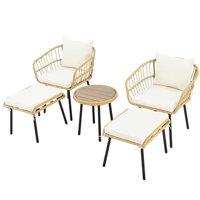A set of outdoor furniture including two chairs, two ottomans, and a small table, arranged on a white background.