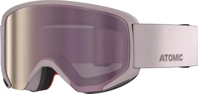 A close-up, side view of a pair of Atomic brand ski goggles.