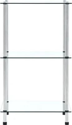 A three-tier glass shelf unit with silver metal supports against a white background.
