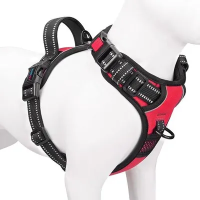 Produktbild von Famanu Anti-Zieh-Hundegeschirr für kleine Hunde - reflektierendes Geschirr mit Handgriff und Frontclip, rot, Größe S