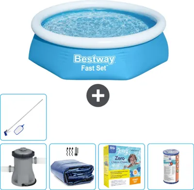 Produktbild von Bestway runder aufblasbarer Fast-Set-Schwimmpool – 244 x 61 cm – Blau – inklusive Pumpe Sonnensegel - Wartungspaket - Filter - Reinigungskit