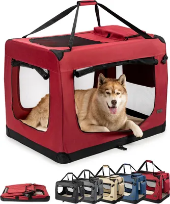 Obrázek produktu pro skládací přepravní box pro psy lionto, pevný látkový box se síťovanými vložkami, ideální do auta, na cesty a k veterináři, 101x69x70 cm, tmavě červený