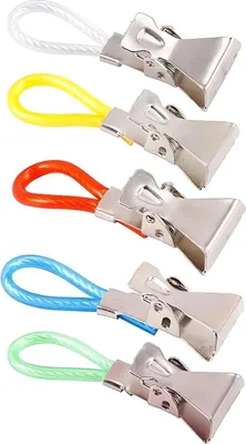 A set of five clips with colored loops, arranged vertically against a white background.