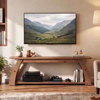 Productafbeelding van TV-kast van massief hout, ongeveer 160 cm breed, geschikt voor televisies tot 75 inch, met 2 niveaus, TV-meubel in landelijke stijl met open vakken, vintage bruin