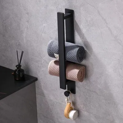 Productafbeelding van Zwart Handdoekrek Zonder Boren - Zelfklevend Badhanddoekhouder van RVS 304, 40 cm met Haak voor Badkamer en Keuken, Ideaal voor Ruimtebesparing en Organisatie