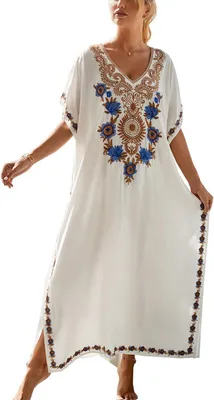 Produktbild von Geborduurtes Kaftan-Kleid in Weiß mit Blumenmuster, leichtes Strandkleid als Überwurf, Einheitsgröße