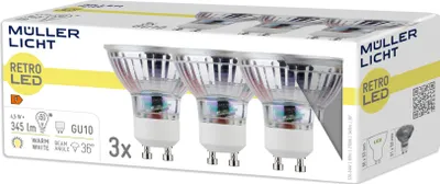 The image shows the retail packaging for a set of Müller Licht Retro LED GU10 bulbs.