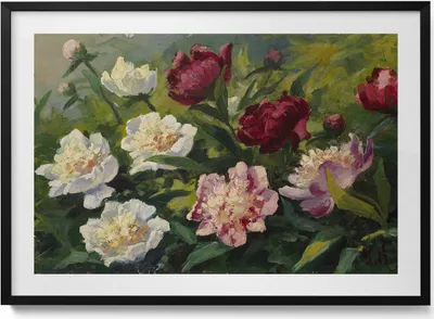 Produktbild von Gemalte schöne Blumen– Wandbild mit Rahmen – Gerahmtes Bild  – Wanddekoration – 100x70 cm –  Schwarz Rahmen