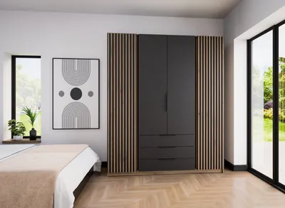 Produktbild von Kleiderschrank KAYA IV mit Lamellen, 200 cm, Garderobe mit Schubladen für Schlafzimmer, Korridor (Farbe: eiche evoke+schwarz+eiche evoke)