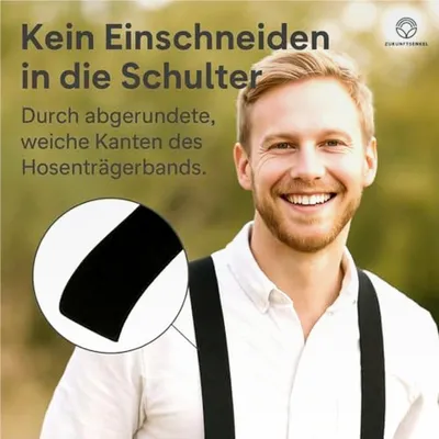Produktbild von Hosenträger 3,5 cm breit in X-Form mit Leder-Patch und 4 starken Clips für Herren und Damen