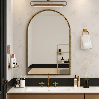 Immagine prodotto di Specchio da parete AIORBER, design ad arco, vetro infrangibile, cornice in metallo, cornice in ferro metallico, antiruggine, 61x2,5x91cm, per bagno, camera da letto, argento