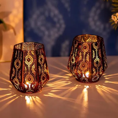 Produktbild von Orientalische Laterne Windlicht Bronze - 2er Set Orientalisch Kerzenhalter Metall für Stumpenkerzen Teelichter Kerzen Wohnzimmer Tischdeko Weihnachten