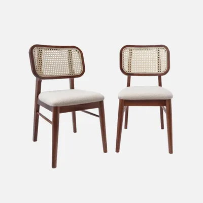 Produktbild von sweeek - 2er-Set Vintage-Stühle aus Heveaholz mit Rattan-Geflecht und Bouclé-Sitz - Nussbaumfarben